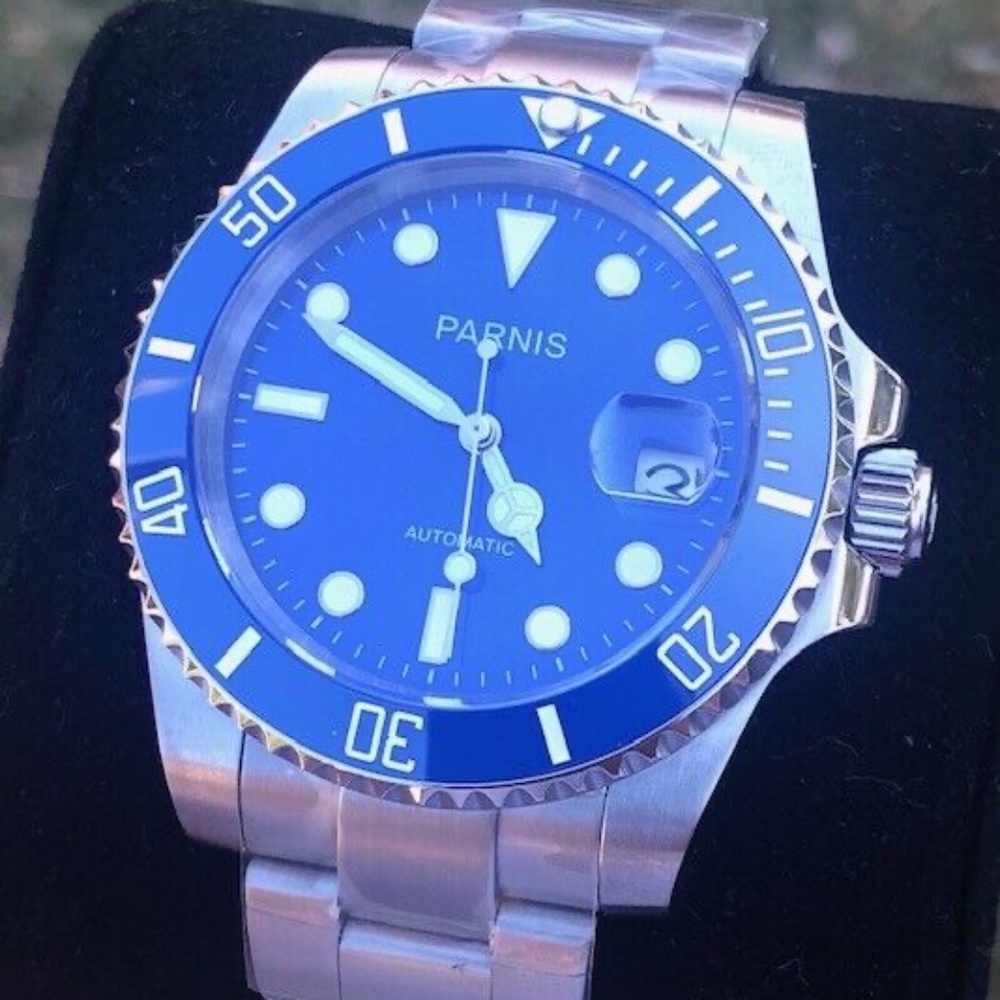 Parnis 40mm Blue Dial Sapphire Ceramic Bezel Automatic Watch